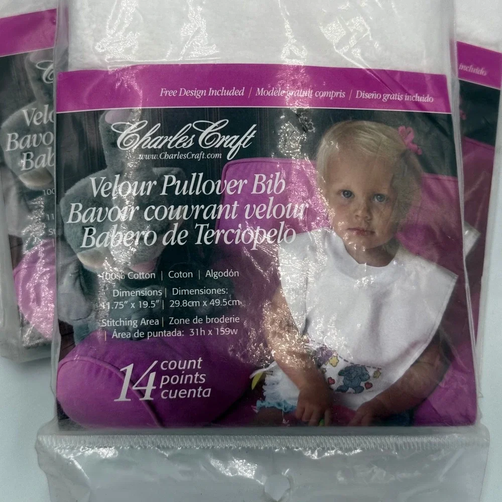 Lot of 3 Charles Craft White Velour Pullover Bibs 14 Count Aida Cross Stitch DMC